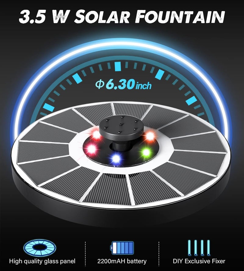 Yzert Solar Fountain Glass Panel with 2200 mah Battery, 3.5W Floating Solar Water Fountain with 4 Fixed Rods, Solar Pump for Bird Bath, Garden, Pond, Pool, Outdoor (White Panel Colorful Lights) - Image 5